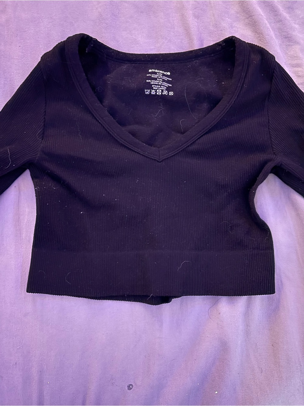 Ambiance Black Ribbed V-Neck Crop Long Sleeve Top
